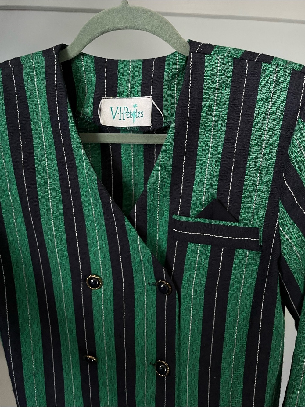 Vintage V.I.Petites Green & Black Striped Blazer Size Small